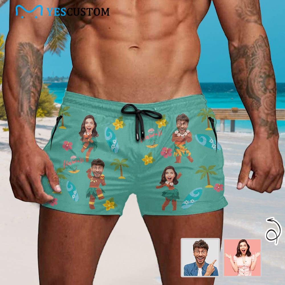 Custom Custom Face Hula Dance Green Men's Quick Dry Shorts Personalized Swim Trunks with Side Zipper Pocket Surfing Square Leg Board Shorts - YesCustom