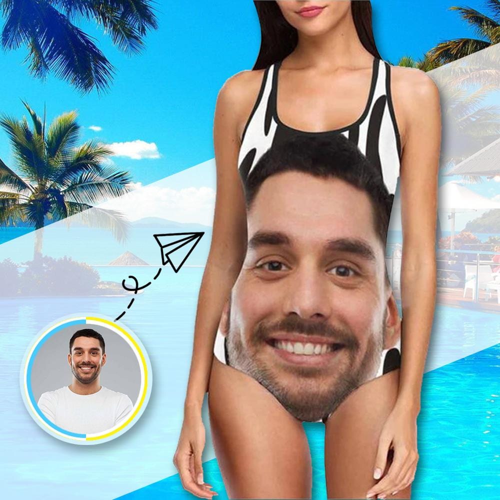 Custom Custom Face Husband Black&White Swimsuit Personalized Women's One Piece Bathing Suit Honeymoons Birthday Party - YesCustom