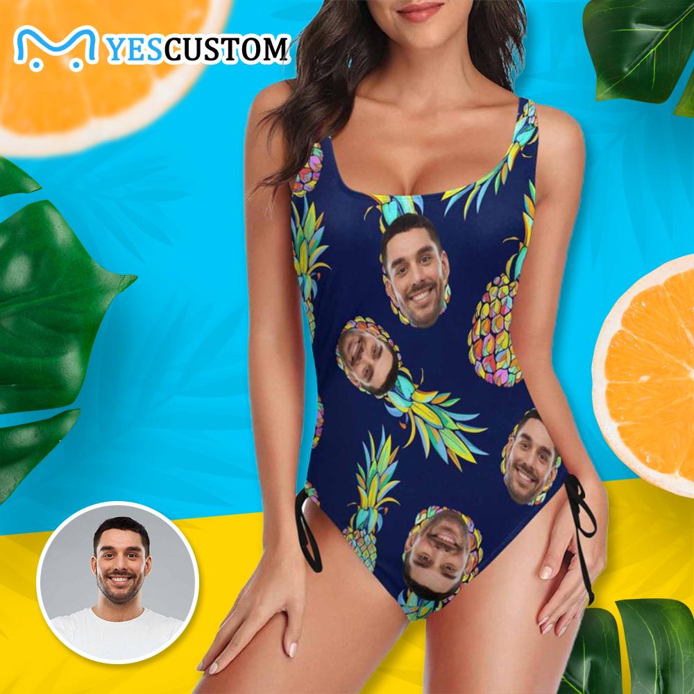 Custom Custom Face Hwaiian Style Swimsuits Personalized Women's New Drawstring Side One Piece Bathing Suit Holiday Party - YesCustom