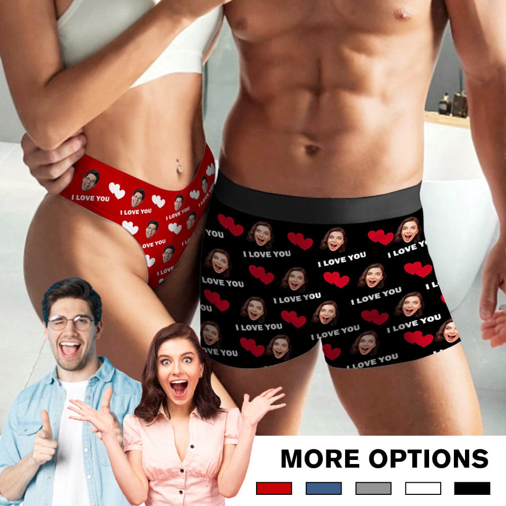 Custom Custom Face I Love U Heart Couple Underwear Personalized Women's Classic Thong&Men's Waistband Boxer Briefs For Couple Valentine's Day Gift - YesCustom