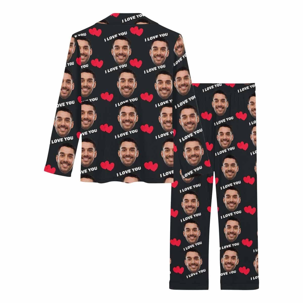 Custom Custom Face I Love You Black Background Sleepwear Personalized Women's Long Pajama Set - YesCustom