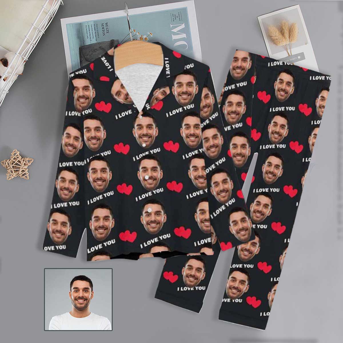 Custom Custom Face I Love You Black Background Sleepwear Personalized Women's Long Pajama Set - YesCustom