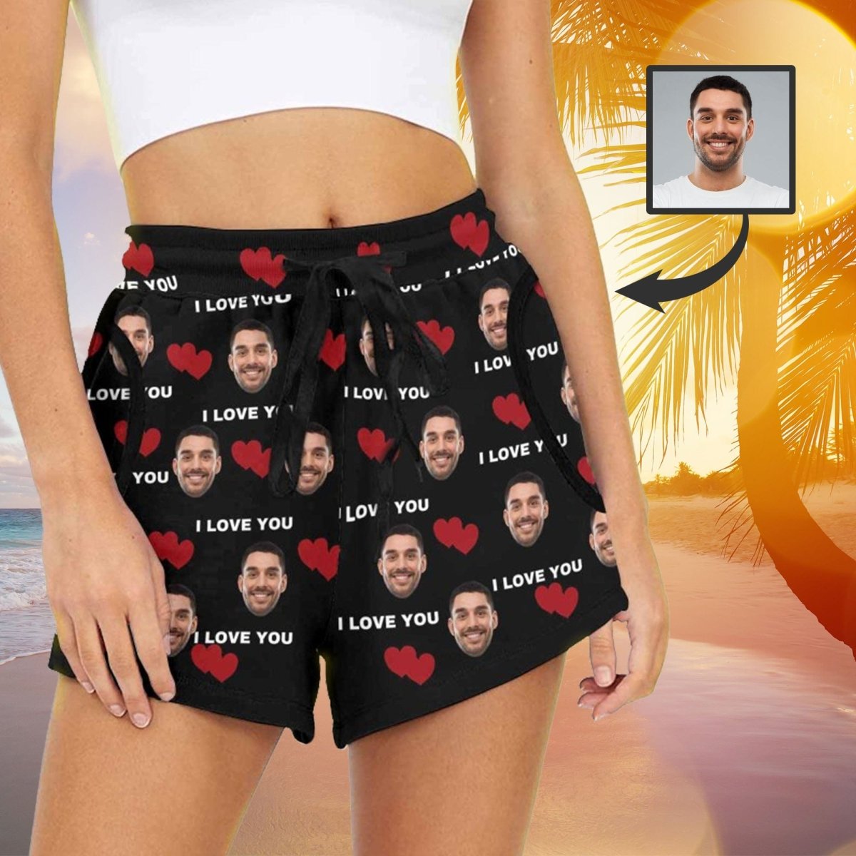 Custom Custom Face I Love You Funny Mid-Length Board Shorts Swim Trunks for Her Create Your Own Personalized Shorts - YesCustom
