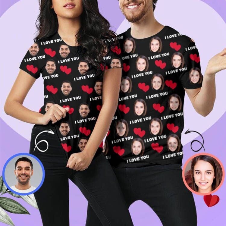 Custom Custom Face I Love You Matching Couple T Shirts Add Your Own Personalized Photo or Image - YesCustom