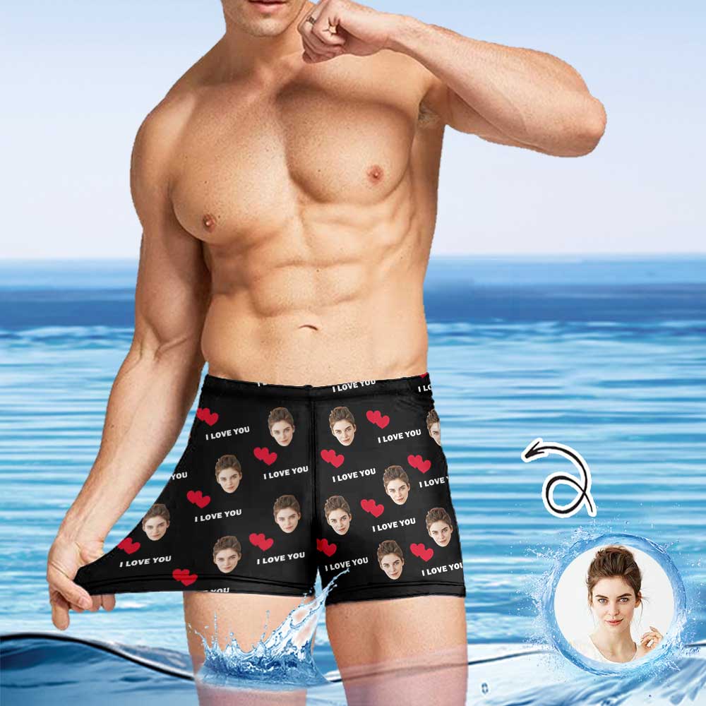 Custom Custom Face I Love You Men's Athletic Swim Jammers Quick Dry Waterproof Compression Square Leg Swim Briefs Swimsuit - YesCustom