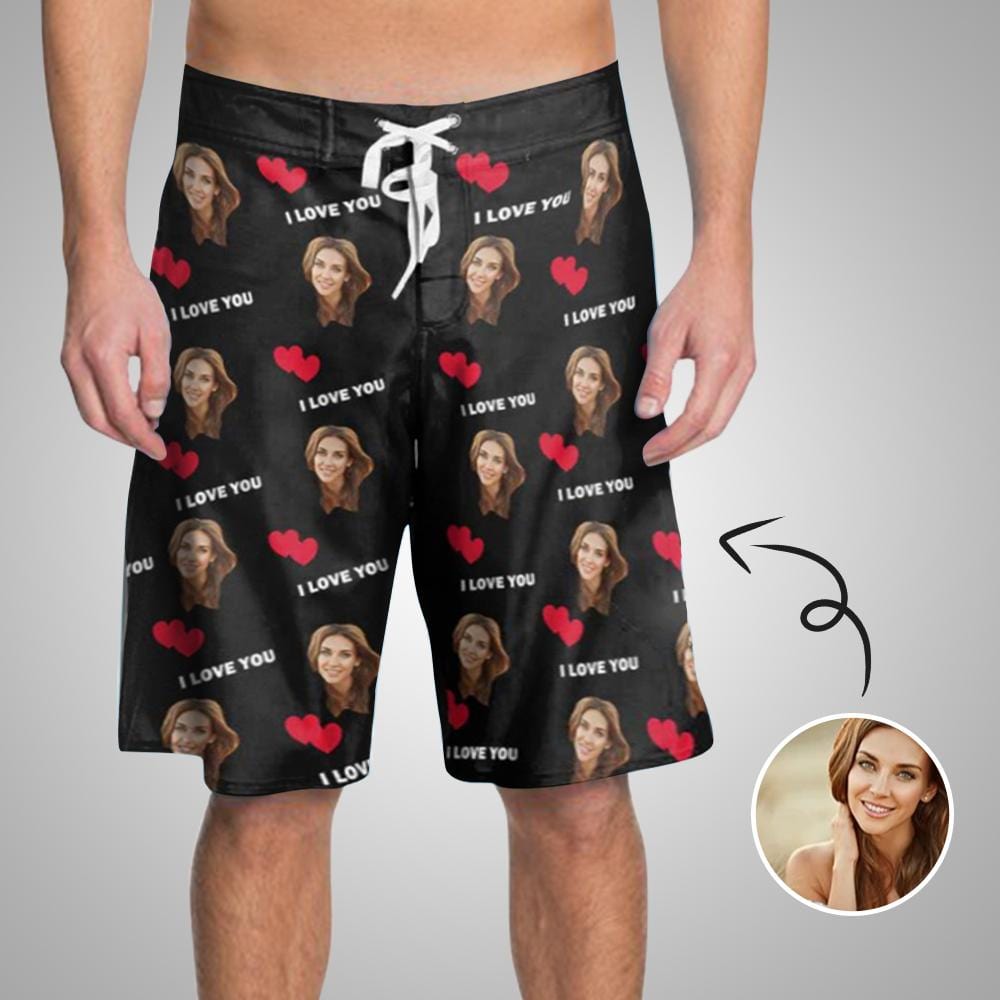 Custom Custom Face I Love You Personalized Photo Men's Beach Shorts Drawstring Shorts - YesCustom