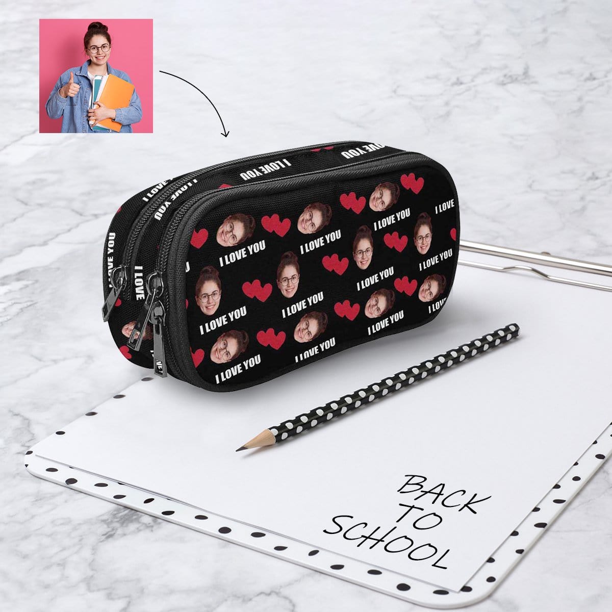 Custom Custom Face I Love You Red Love Pencil Pouch - YesCustom