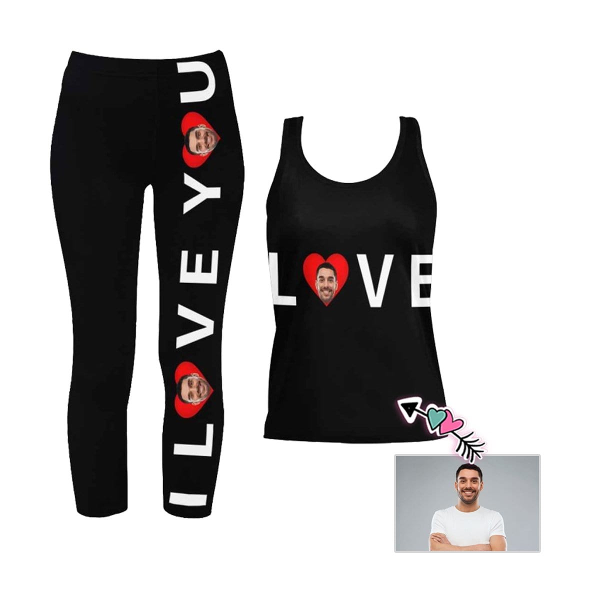 Custom Custom Face I Love You Women's 2 Piece Stretchy Racerback Tank & Legging Set - YesCustom