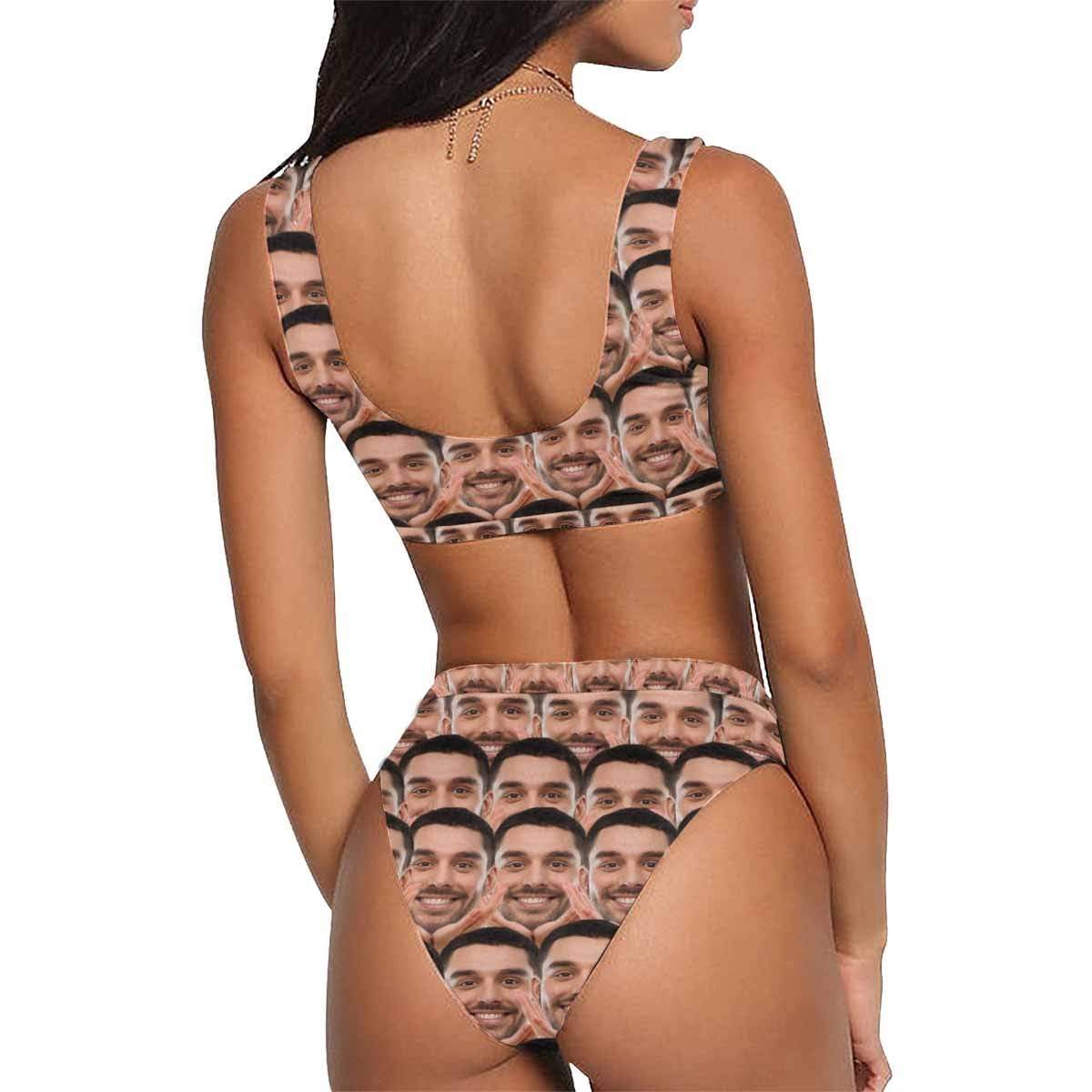Custom Custom Face In Hands Scoop Neck Sport Top High Waisted Bikini Personalized Women's Two Piece Swimsuit Beach Outfits - YesCustom