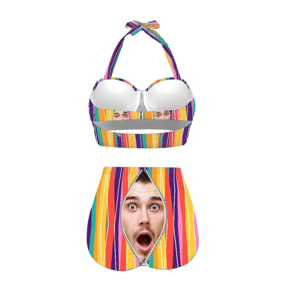 Custom Custom Face In Zipper Rainbow Stripes Strap Personalized Two-piece Bikini Swimsuit - YesCustom