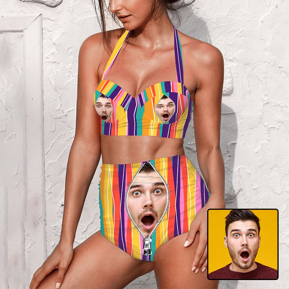Custom Custom Face In Zipper Rainbow Stripes Strap Personalized Two-piece Bikini Swimsuit - YesCustom