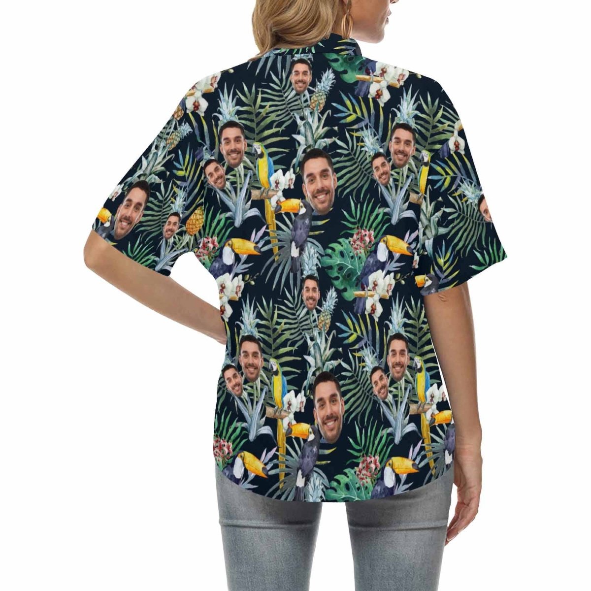 Custom Custom Face Jungle Parrot Women's Hawaiian Shirts All Over Print V Neck Short Sleeve Shirt Gift for Girlfriend Wife - YesCustom