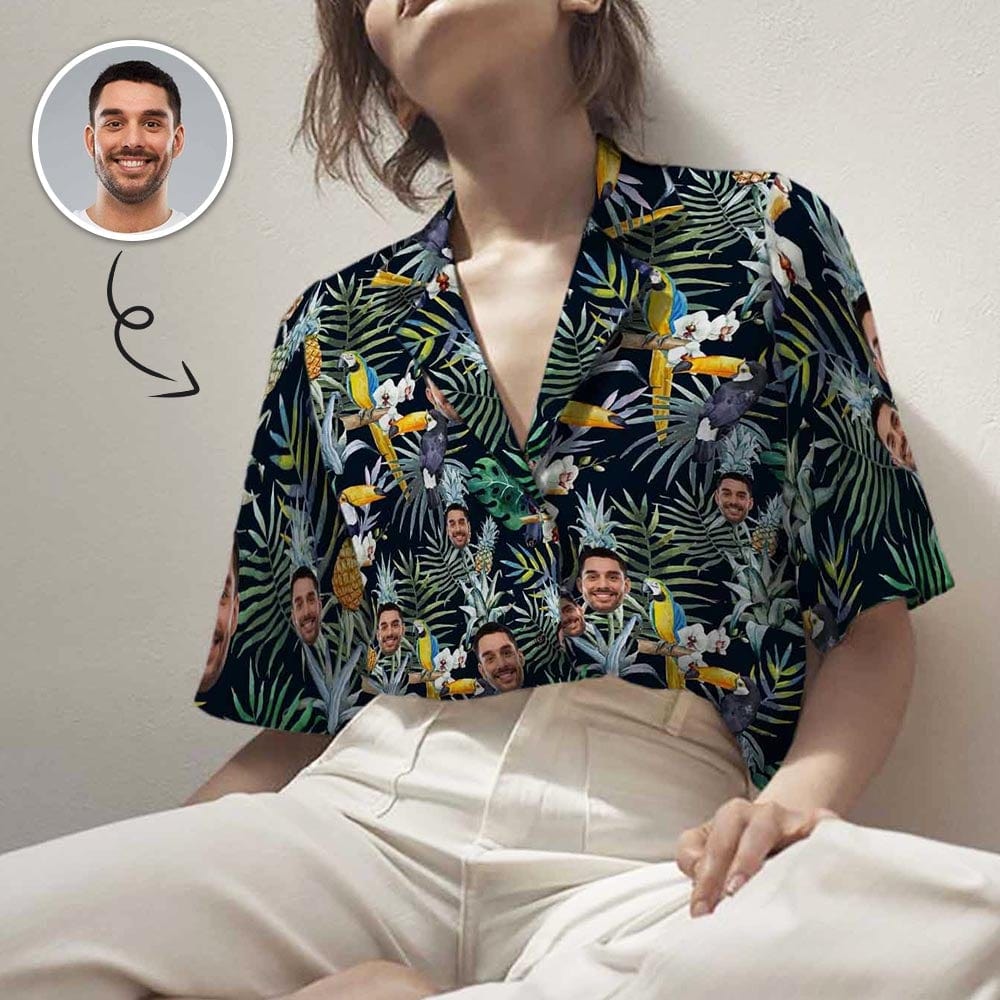 Custom Custom Face Jungle Parrot Women's Hawaiian Shirts All Over Print V Neck Short Sleeve Shirt Gift for Girlfriend Wife - YesCustom