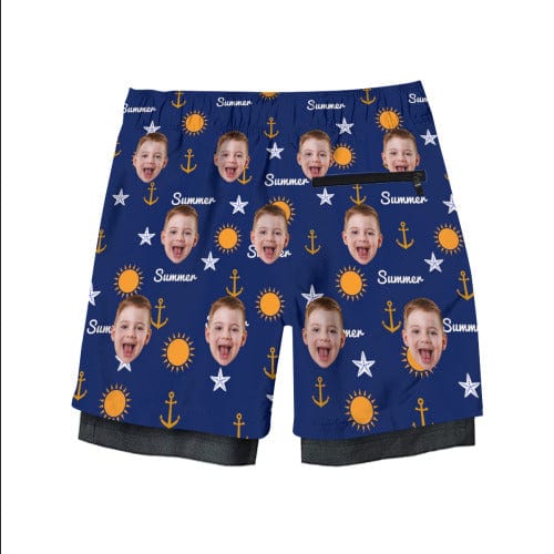 Custom Custom Face Kid's 2 in 1 Sport Shorts Personalized Blue Drawstring Trunk for 5-12 Years Boy - YesCustom