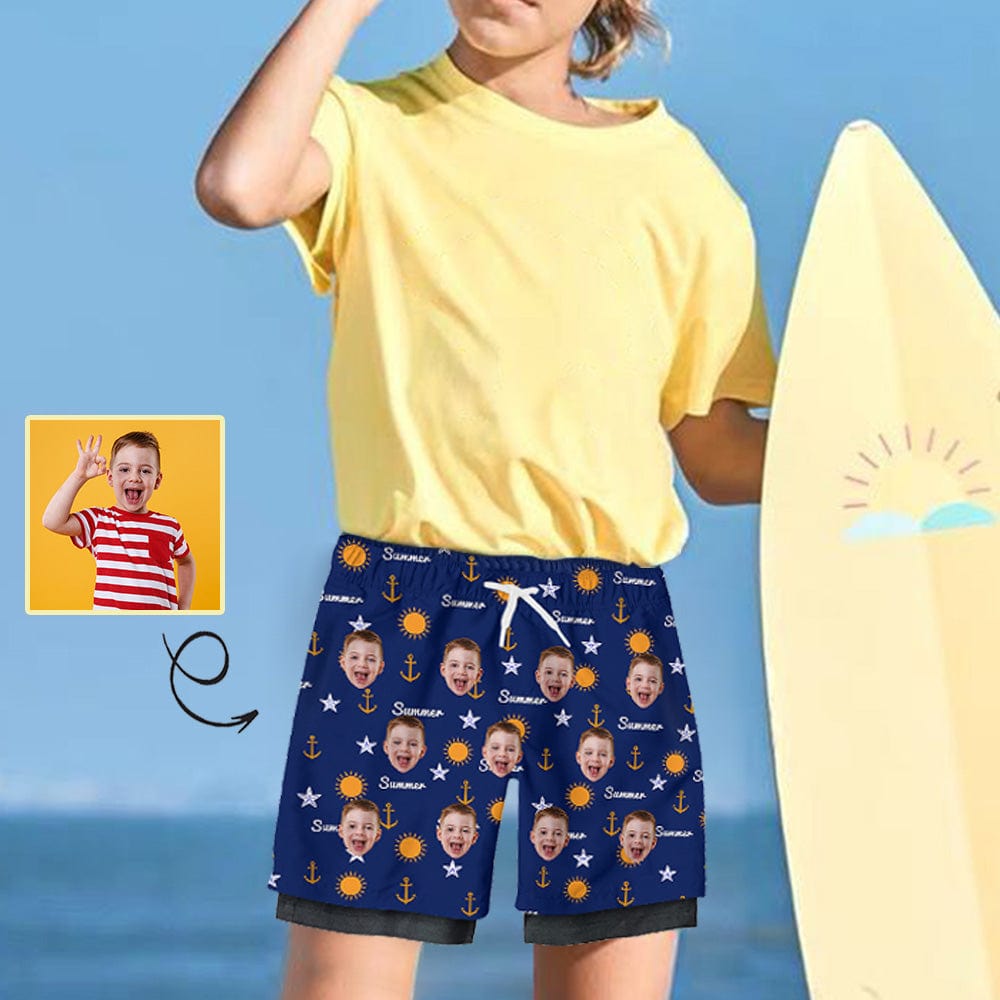 Custom Custom Face Kid's 2 in 1 Sport Shorts Personalized Blue Drawstring Trunk for 5-12 Years Boy - YesCustom