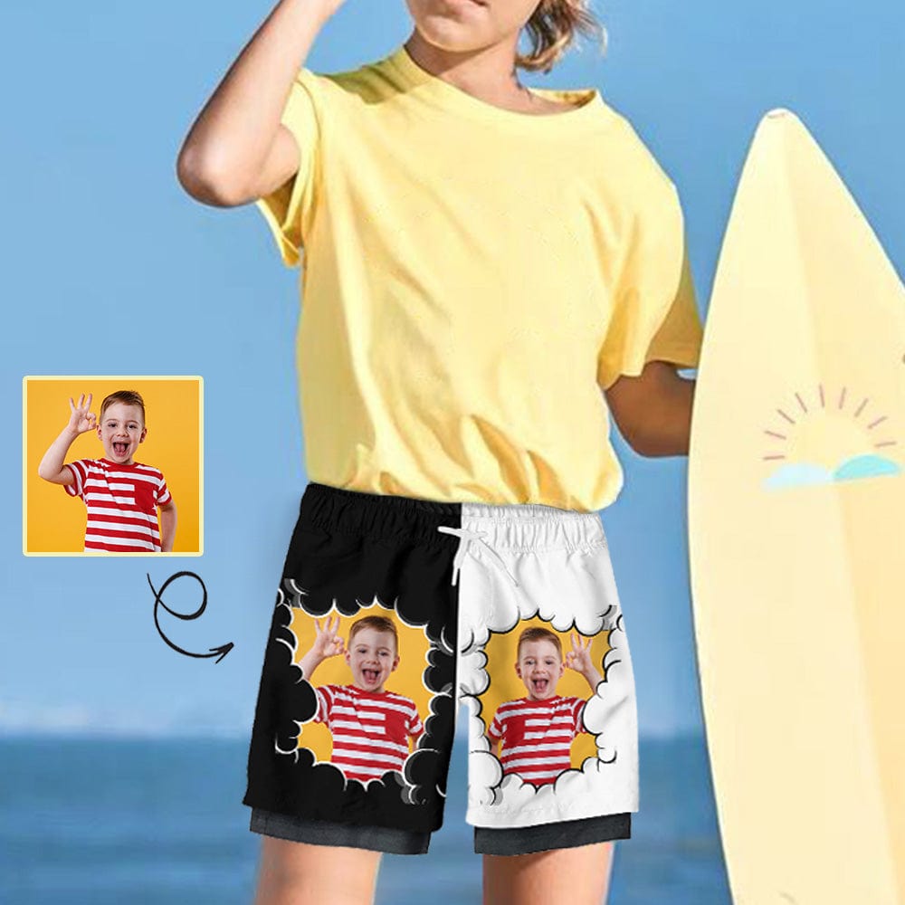 Custom Custom Face Kid's 2 in 1 Sport Shorts Personalized Clouds Drawstring Trunk for 5-12 Years Boy - YesCustom