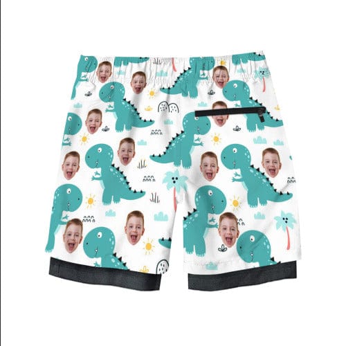 Custom Custom Face Kid's 2 in 1 Sport Shorts Personalized Dinosaur Drawstring Trunk for 5-12 Years Boy - YesCustom