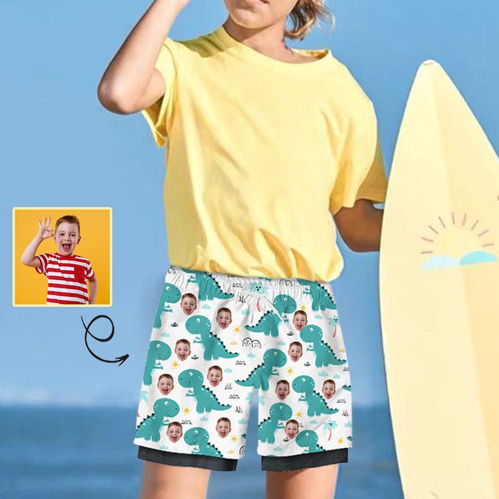 Custom Custom Face Kid's 2 in 1 Sport Shorts Personalized Dinosaur Drawstring Trunk for 5-12 Years Boy - YesCustom