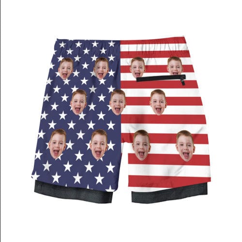 Custom Custom Face Kid's 2 in 1 Sport Shorts Personalized Flag Drawstring Trunk for 5-12 Years Boy - YesCustom