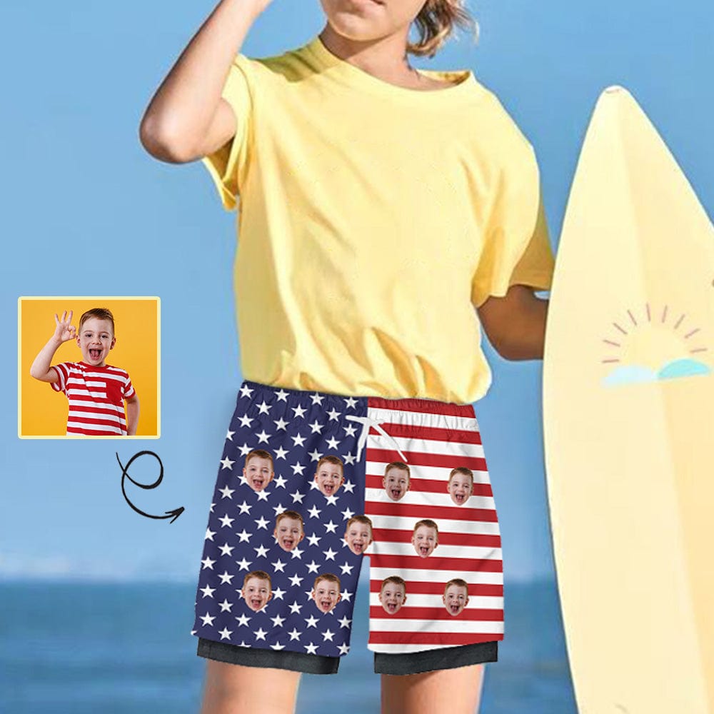 Custom Custom Face Kid's 2 in 1 Sport Shorts Personalized Flag Drawstring Trunk for 5-12 Years Boy - YesCustom