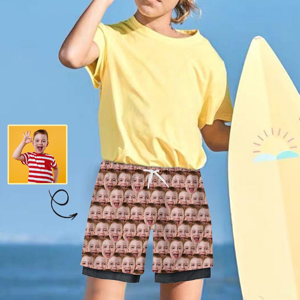 Custom Custom Face Kid's 2 in 1 Sport Shorts Personalized Seamless Drawstring Trunk for 5-12 Years Boy - YesCustom