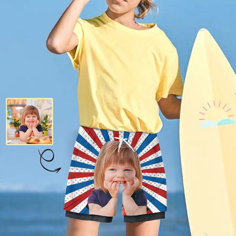 Custom Custom Face Kid's 2 in 1 Sport Shorts Personalized Stripe Drawstring Trunk for 5-12 Years Boy - YesCustom