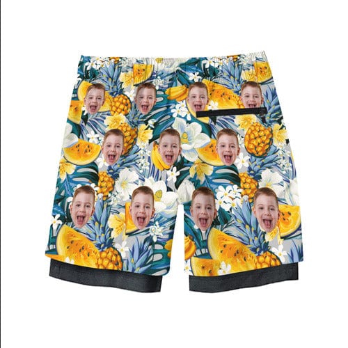 Custom Custom Face Kid's 2 in 1 Sport Shorts Personalized Tropical Fruit Drawstring Trunk for 5-12 Years Boy - YesCustom