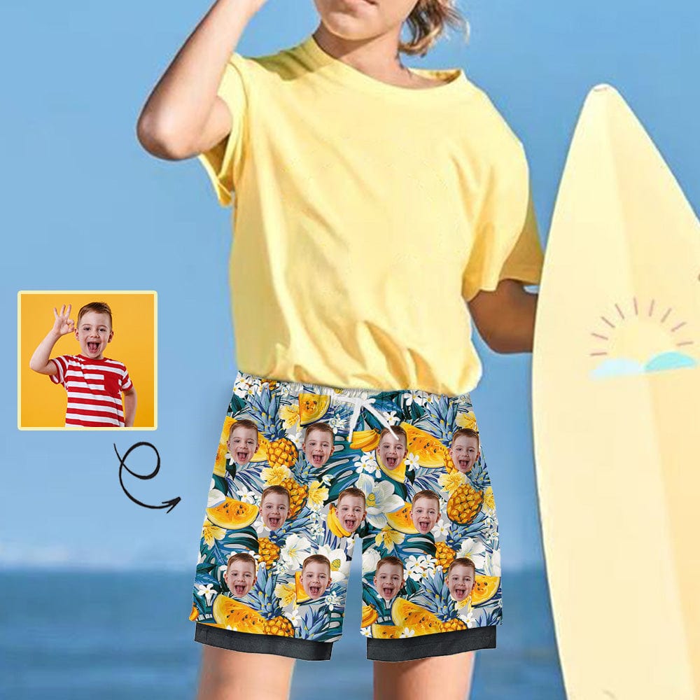 Custom Custom Face Kid's 2 in 1 Sport Shorts Personalized Tropical Fruit Drawstring Trunk for 5-12 Years Boy - YesCustom