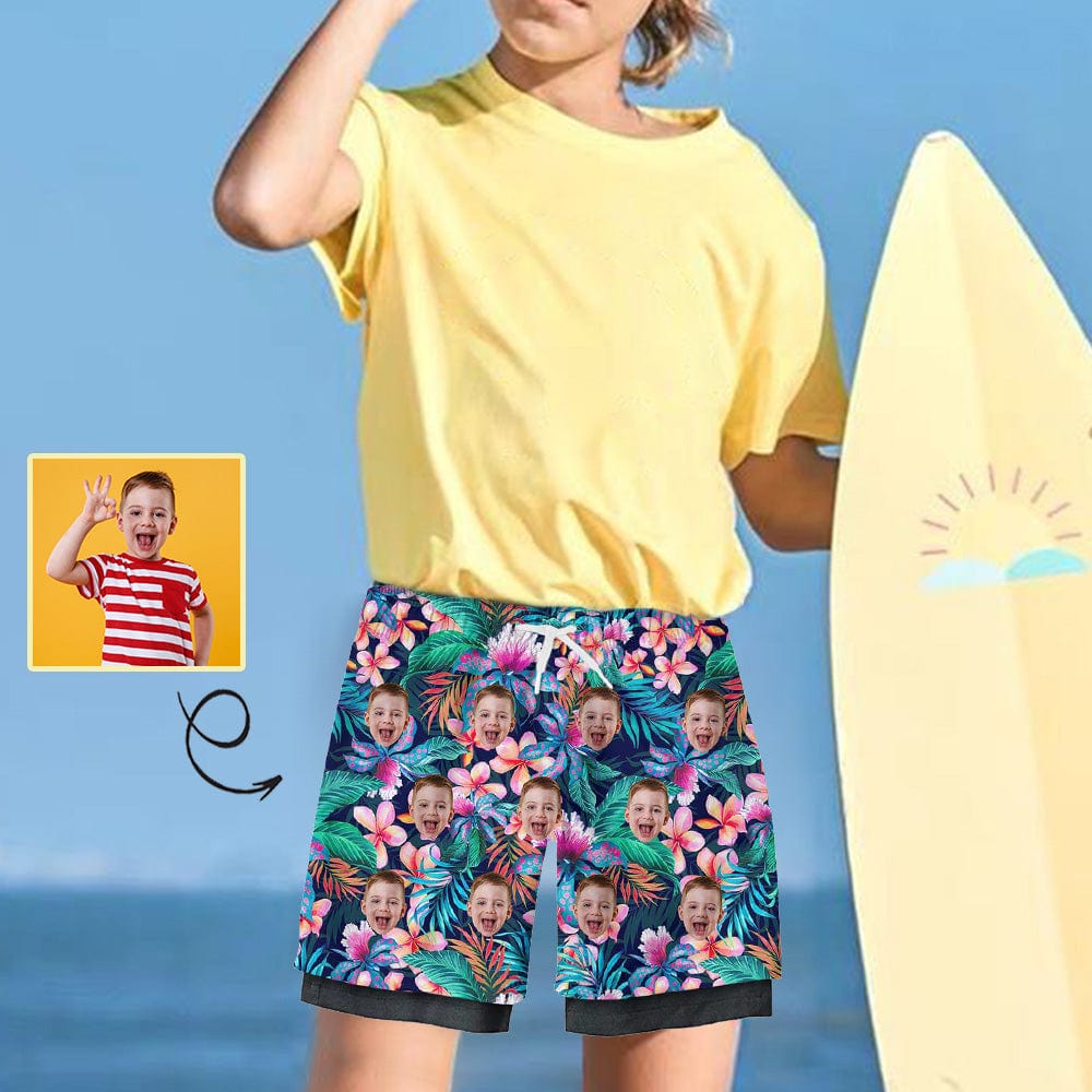Custom Custom Face Kid's 2 in 1 Sport Shorts Personalized Tropical Plants Drawstring Trunk for 5-12 Years Boy - YesCustom
