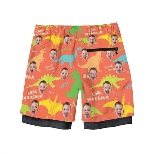 Custom Custom Face Kid's 2 in 1 Sport Shorts Personalized Yellow Dinosaur Trunk for 5-12 Years Boy - YesCustom