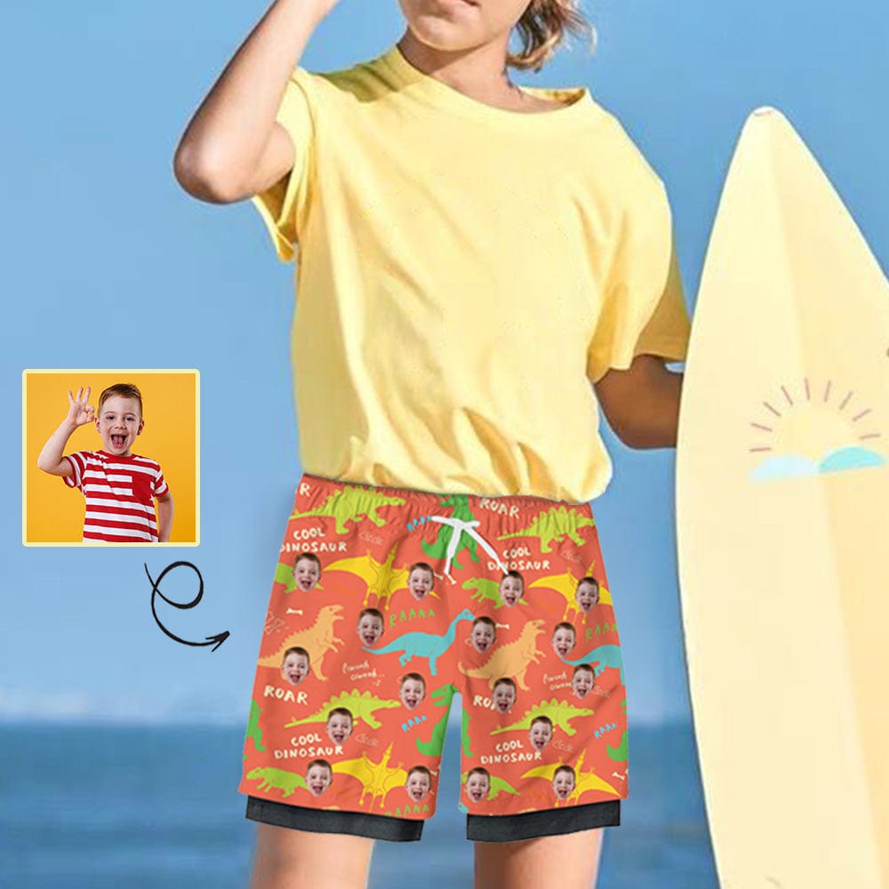 Custom Custom Face Kid's 2 in 1 Sport Shorts Personalized Yellow Dinosaur Trunk for 5-12 Years Boy - YesCustom