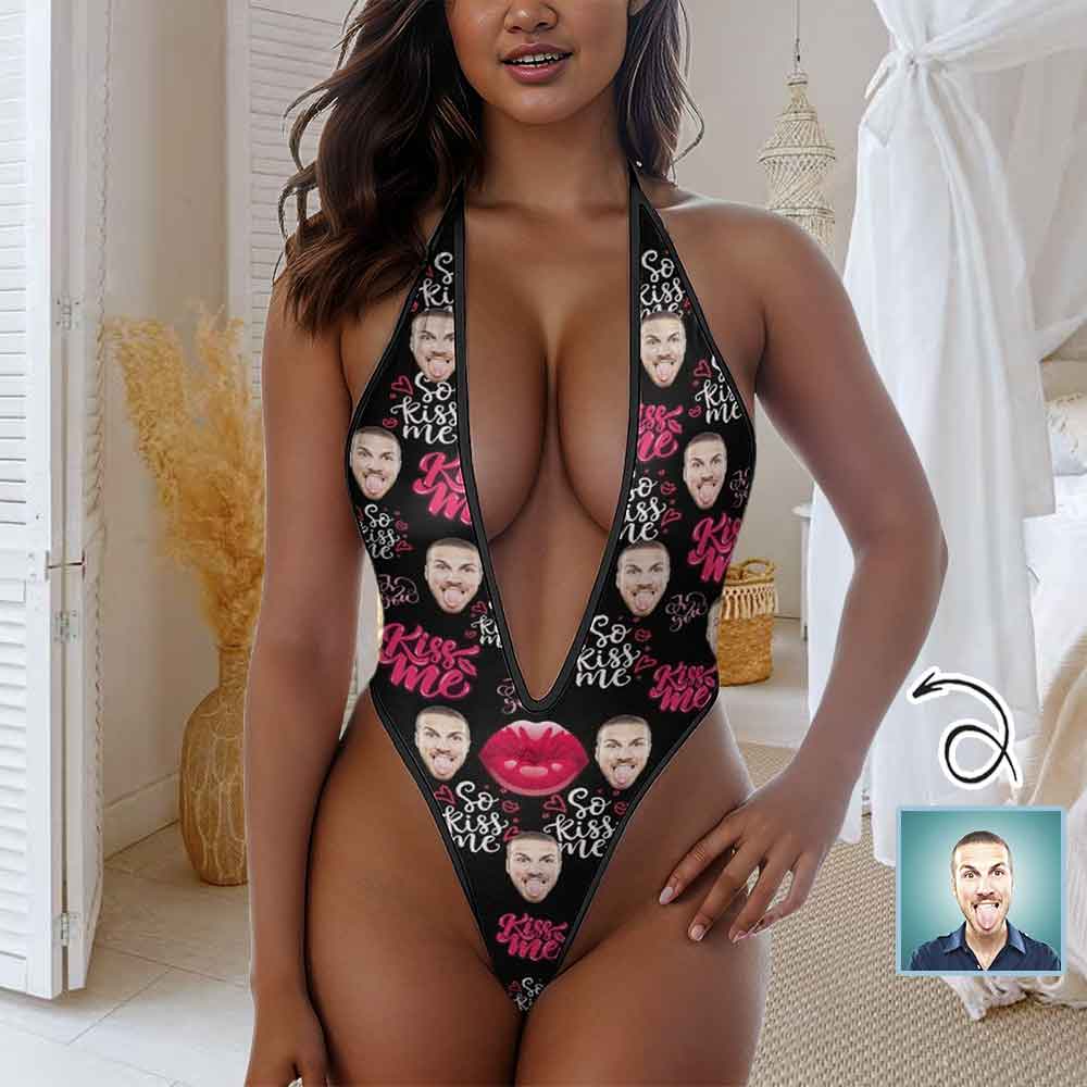 Custom Custom Face Kiss Me Women's Deep V Lingerie Sexy Jumpsuits Sexy Lingerie Underwear Mesh Lingerie - YesCustom