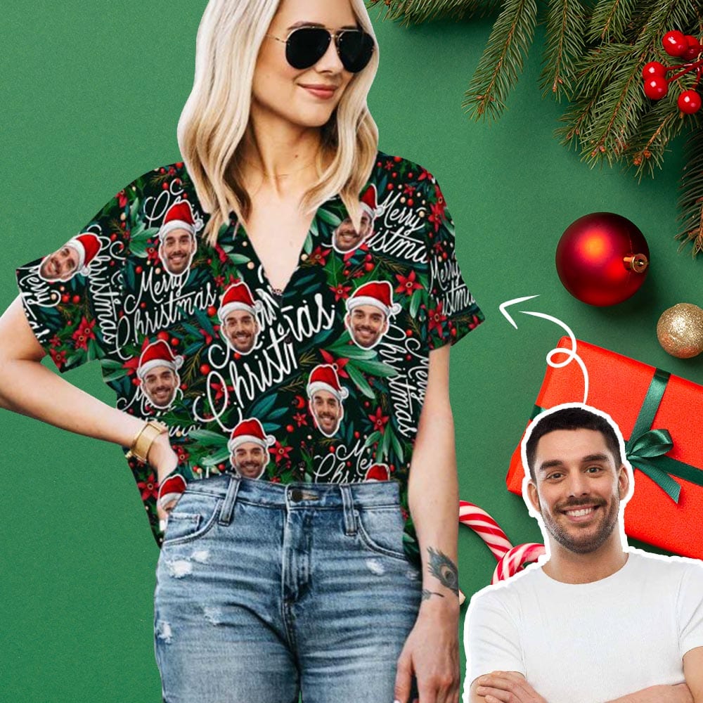 Custom Custom Face Leaf Christmas Red Hat Women's Hawaiian Shirts All Over Print V Neck Short Sleeve Shirt Gift for Girlfriend Wife - YesCustom