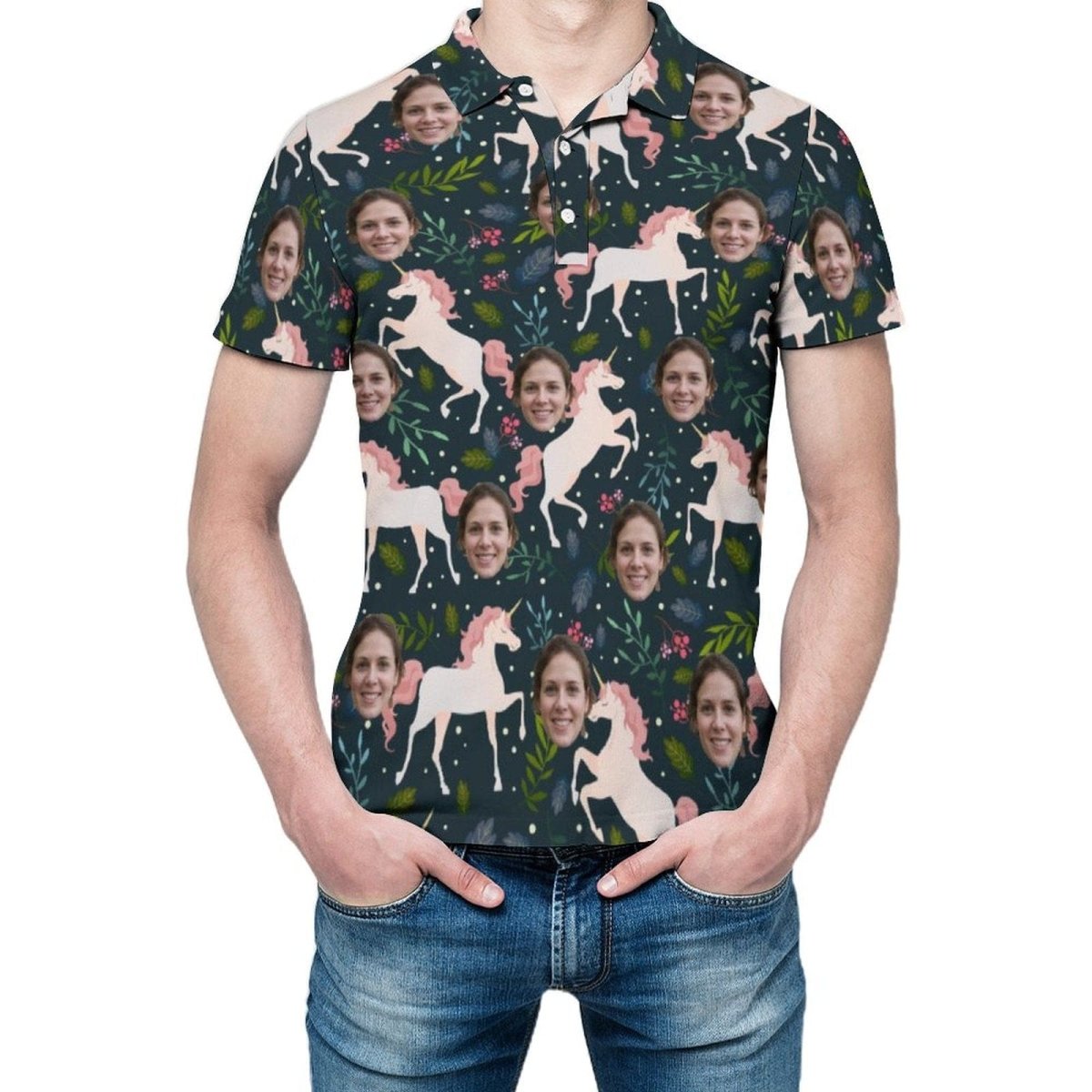 Custom Custom Face Leaf Unicorn Couple Matching Polo Shirt - YesCustom