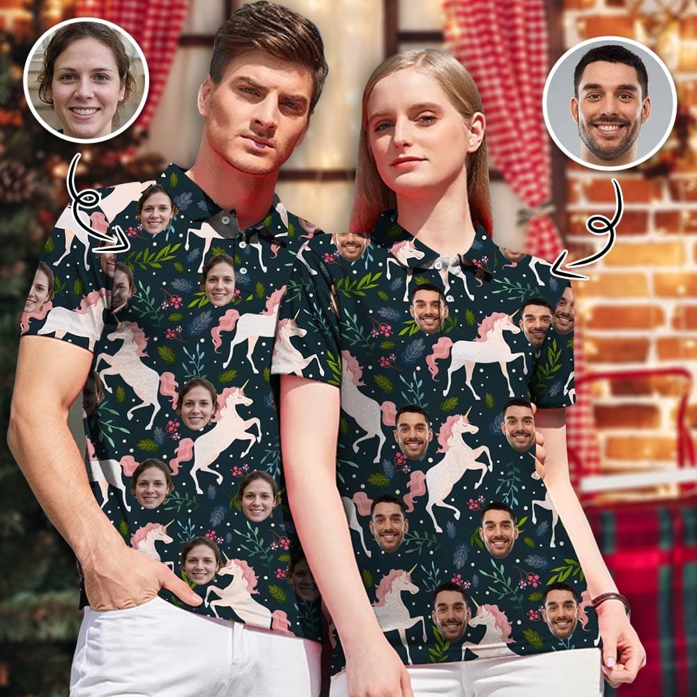 Custom Custom Face Leaf Unicorn Couple Matching Polo Shirt - YesCustom