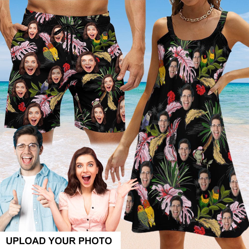 Custom Custom Face Leaf&Birds Black Couple Swim Shorts&Dress Men's Swim Trunks Women's Beach Sling Skirt - YesCustom