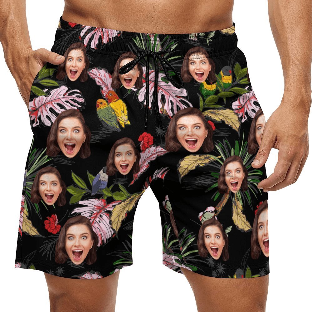 Custom Custom Face Leaf&Birds Black Couple Swim Shorts&Dress Men's Swim Trunks Women's Beach Sling Skirt - YesCustom