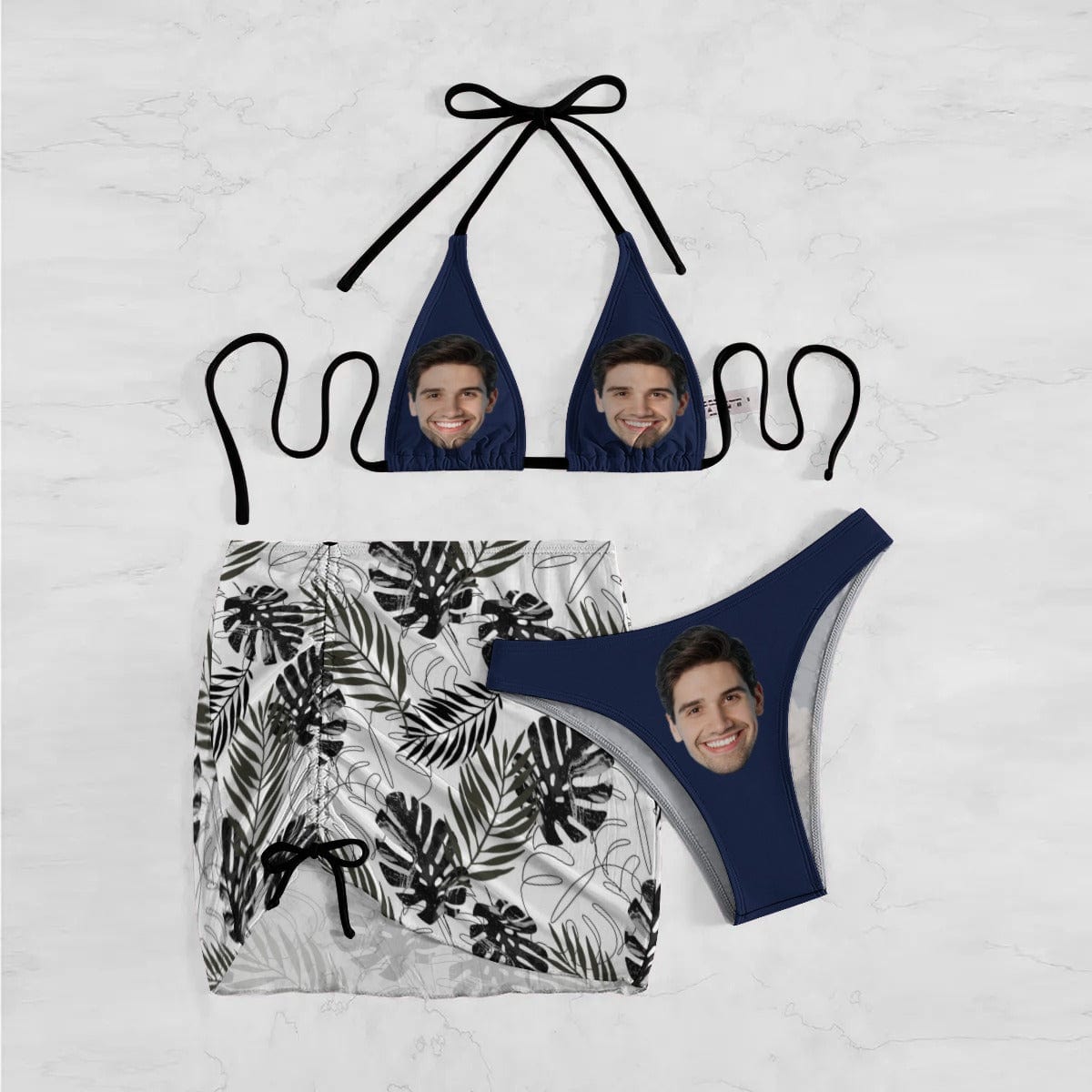 Custom Face Leaves Bikini Set For Women 3-Pieces Summer Swimsuit - YesCustom