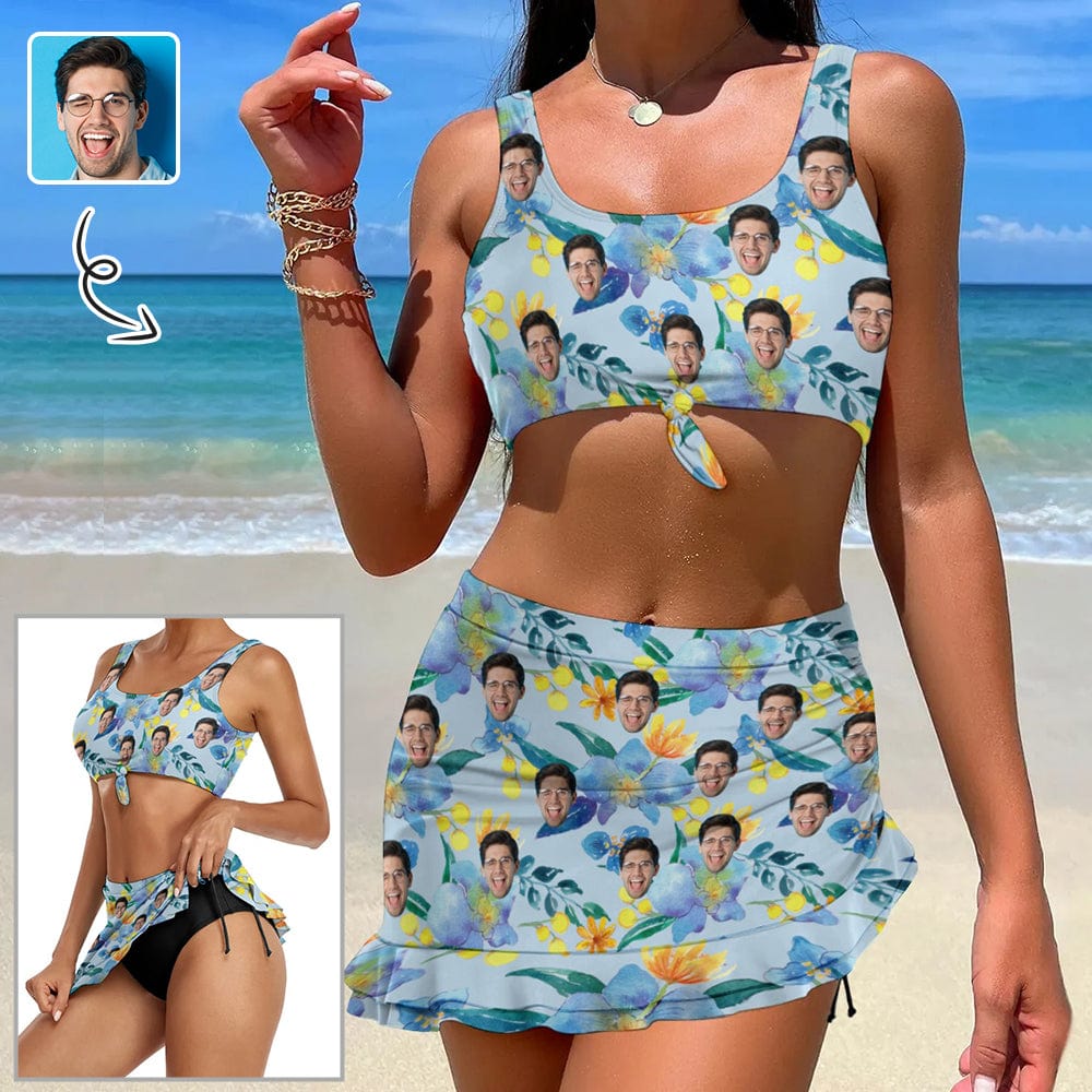 Custom Custom Face Leaves Bikini Set Personalized Drawstring Chest Strap Bikini Skirt - YesCustom