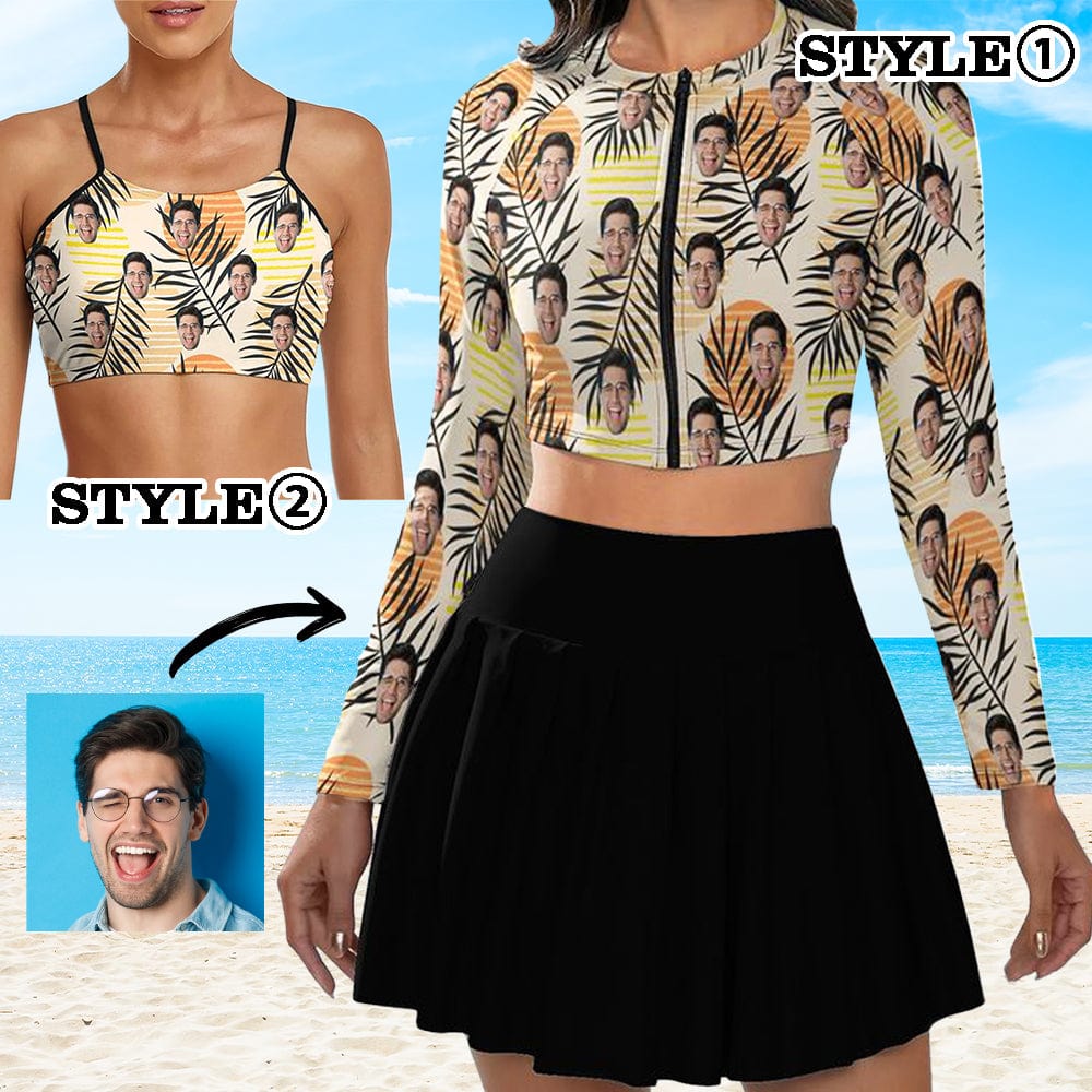 Custom Custom Face Leaves Bikini Top&Bottom Women's Swim Skirt With Bottom Long Sleeve Zip Top - YesCustom
