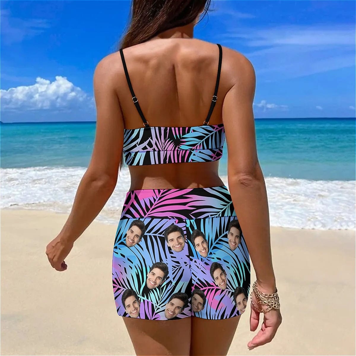 Custom Custom Face Leaves Boyshorts Bikini Set Personalized High Waisted Sling Bikini Bathing Suit - YesCustom