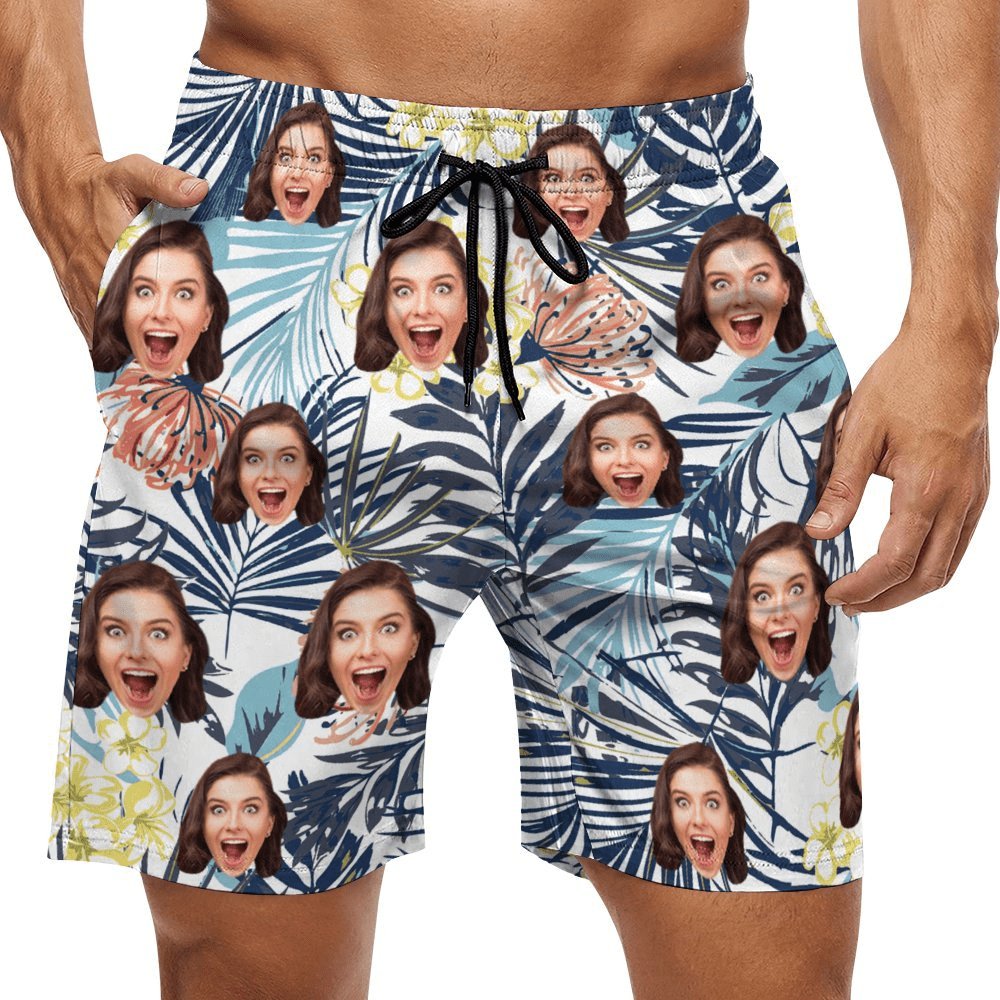 Custom Custom Face Leaves Couple Swim Shorts&Dress Men's Swim Trunks Women's Beach Sling Skirt - YesCustom