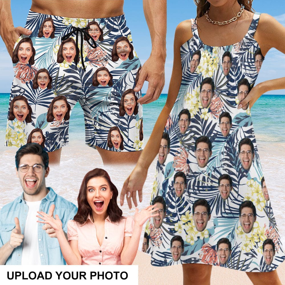 Custom Custom Face Leaves Couple Swim Shorts&Dress Men's Swim Trunks Women's Beach Sling Skirt - YesCustom