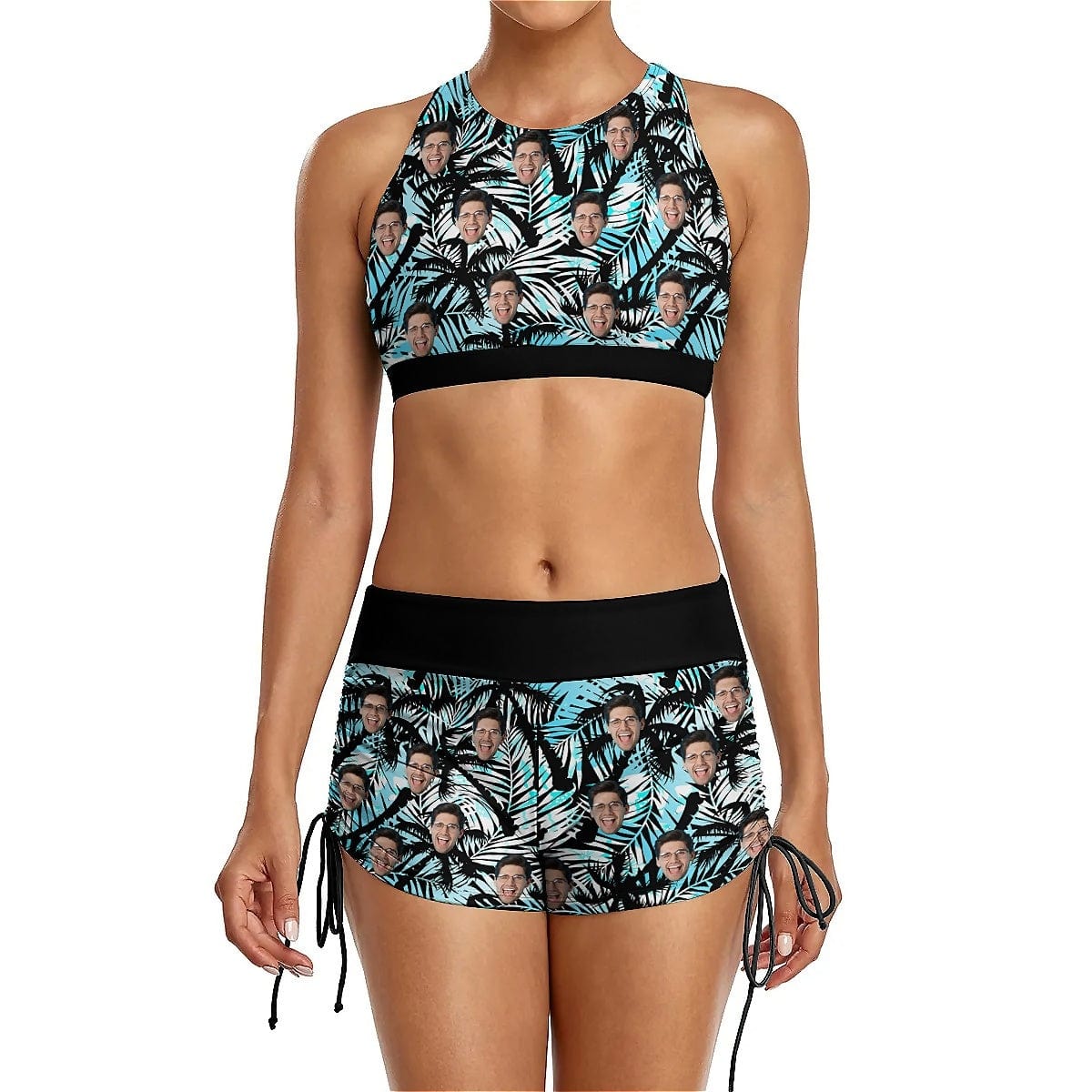 Custom Custom Face Leaves Drawstring Boyshorts Bikini Set Personalized High Waisted Bikini Bathing Suit - YesCustom