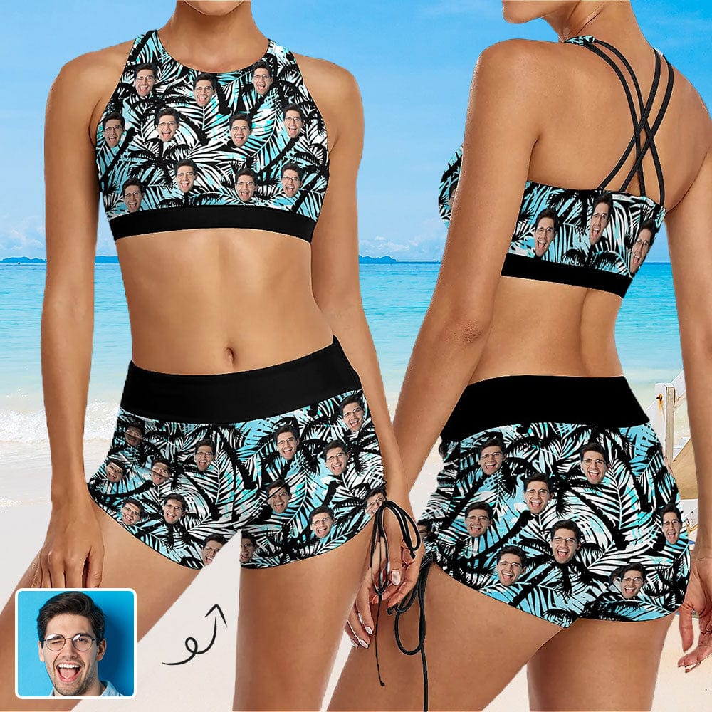 Custom Custom Face Leaves Drawstring Boyshorts Bikini Set Personalized High Waisted Bikini Bathing Suit - YesCustom