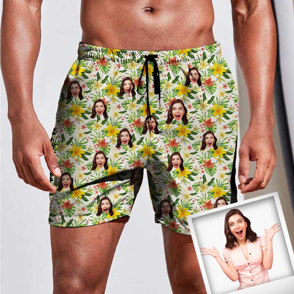 Custom Custom Face Leaves Flowers Men's Quick-drying Beach Shorts - YesCustom
