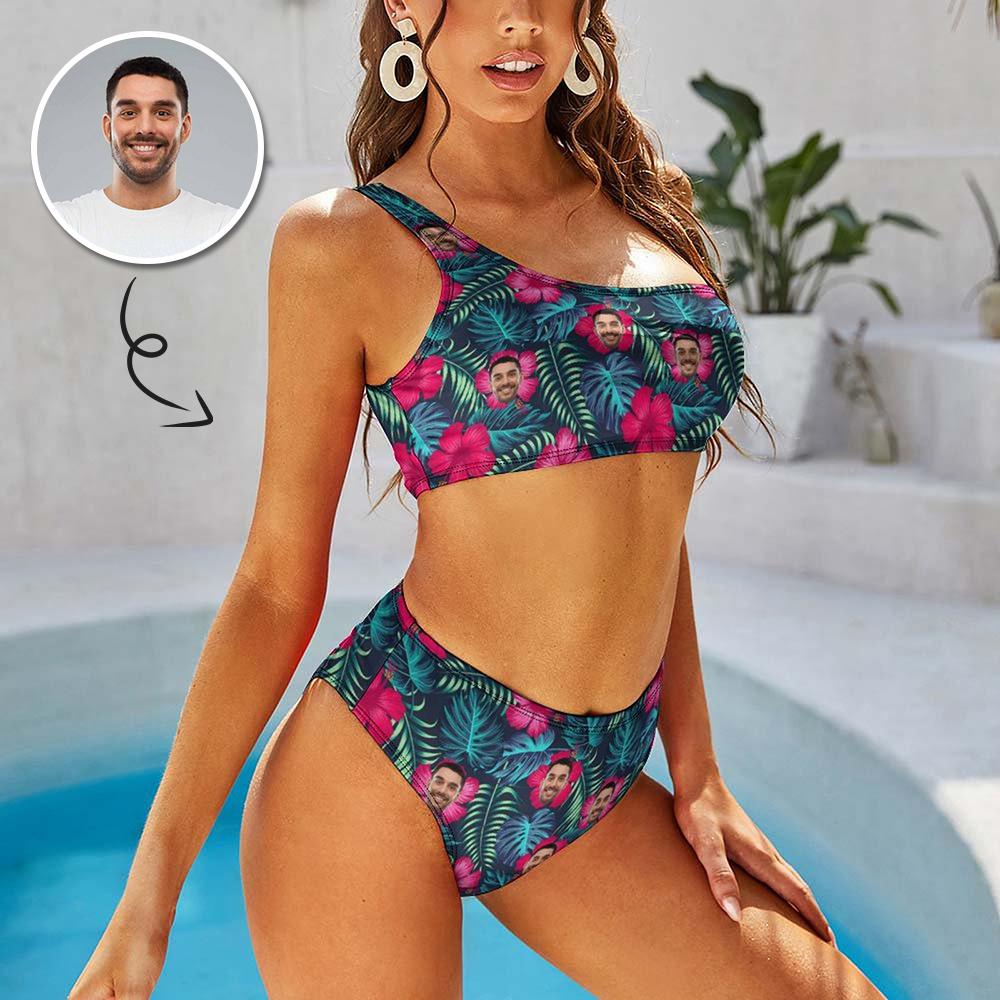 Custom Custom Face Leaves One Shoulder Stringless Low Waited Bikini Personalized Women's Two Piece Swimsuit Beach Outfits - YesCustom