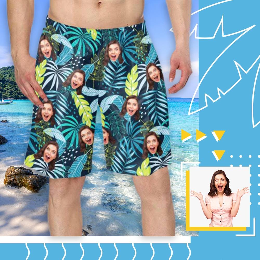 Custom Face Leaves Personalized Photo Men's Elastic Beach Shorts - YesCustom