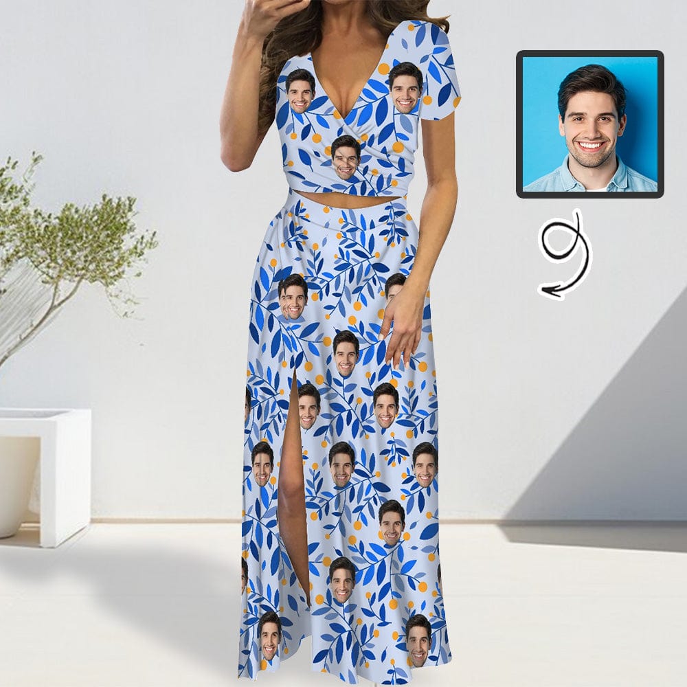Custom Custom Face Leaves Print Beach Outfits Dress Personalized Women's V-neck Split Maxi Dresses Skirt Set - YesCustom