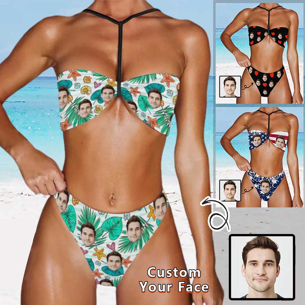 Custom Face Leaves Triangle Halterneck Bikini Personalized Two Piece Swimsuit - YesCustom